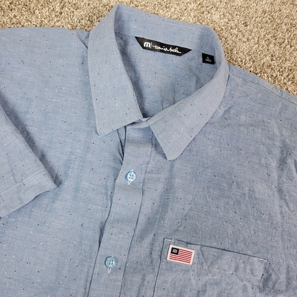 Travis Mathew Mens XL Blue AOP Paint Splatter USA Flag Patch Button Up SS